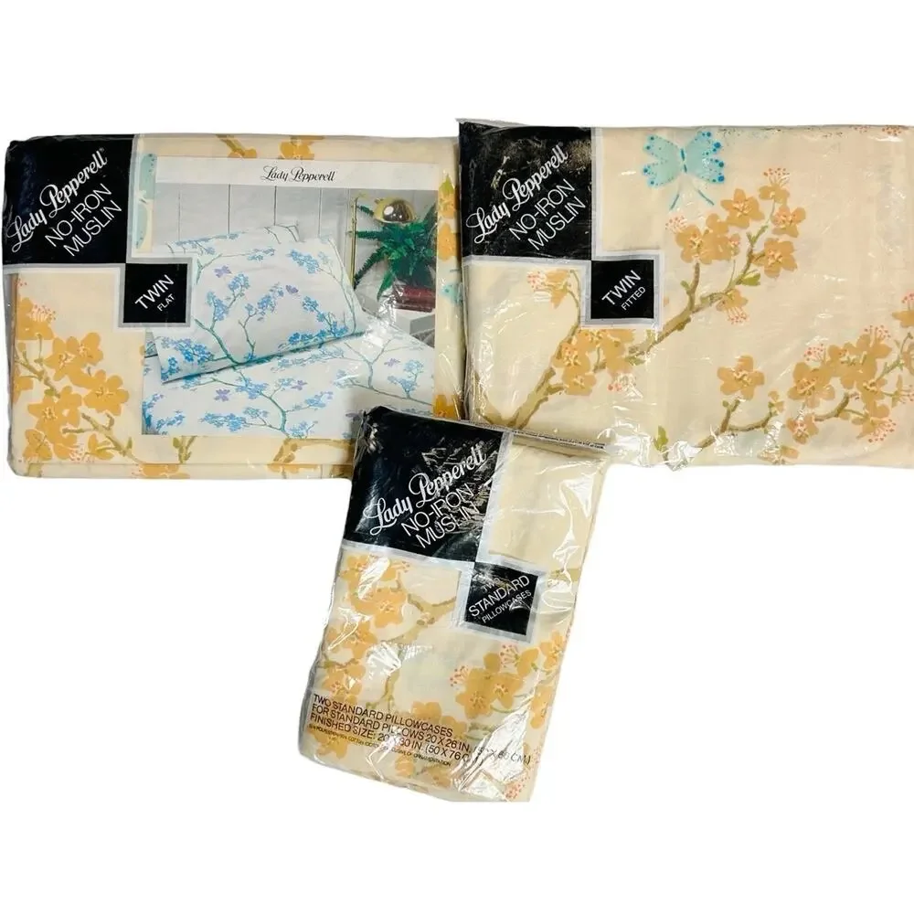 Vintage Twin Sheet Set Lady Pepperell Muslin Peach Floral Hanae Mori NOS READ